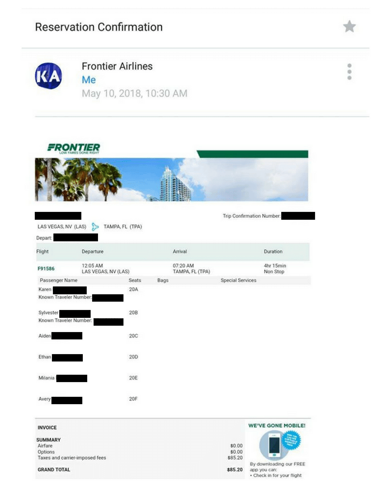 Frontier Airlines flight reservation confirmation