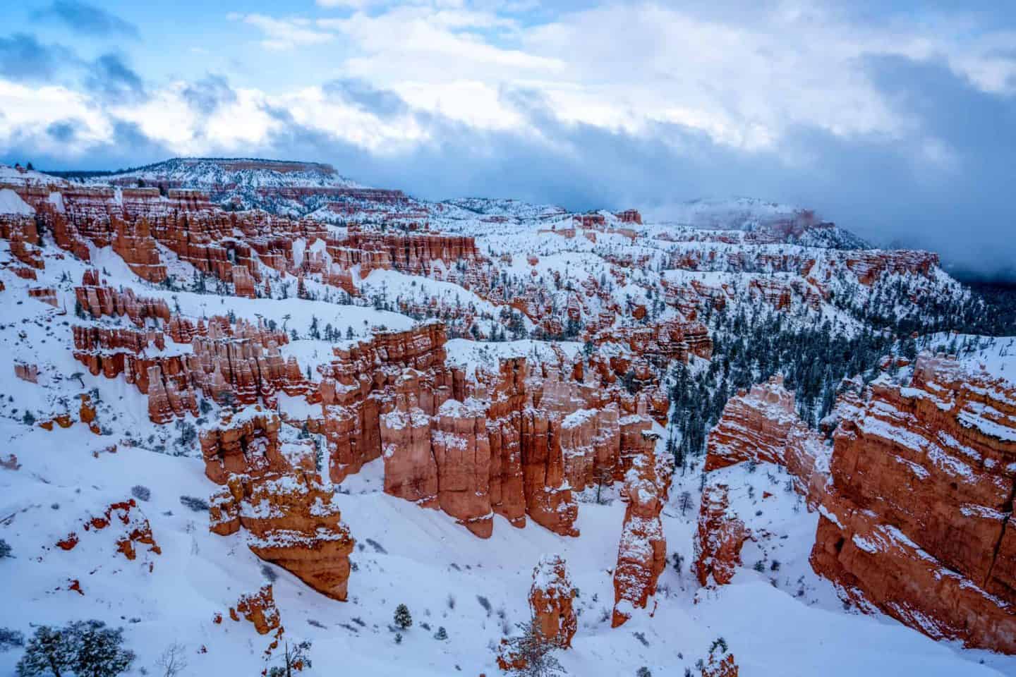 A picture of a snowy day at Bryce Canyon National Park.