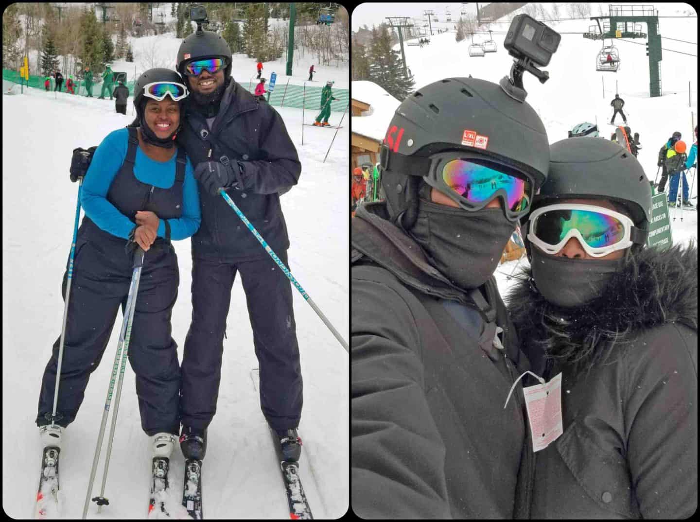 black travel family taking ski lessons
