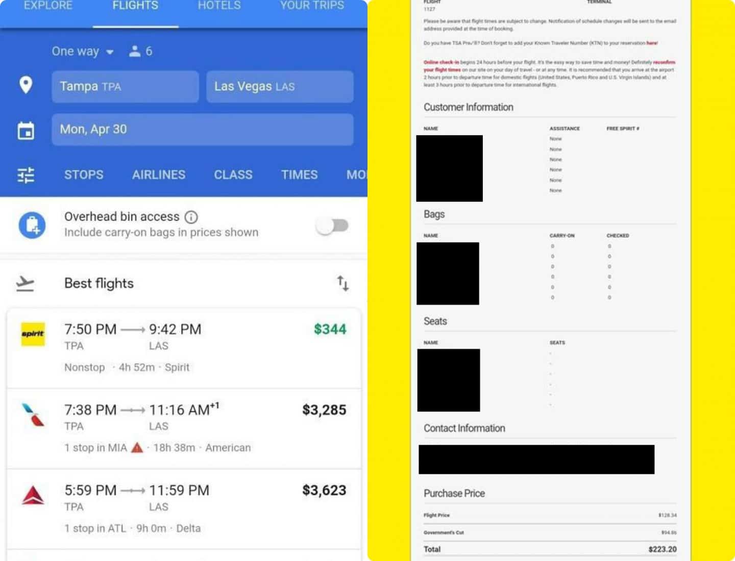 Comparison of booking Spirit Airlines ticket on line versus at the airport counter
